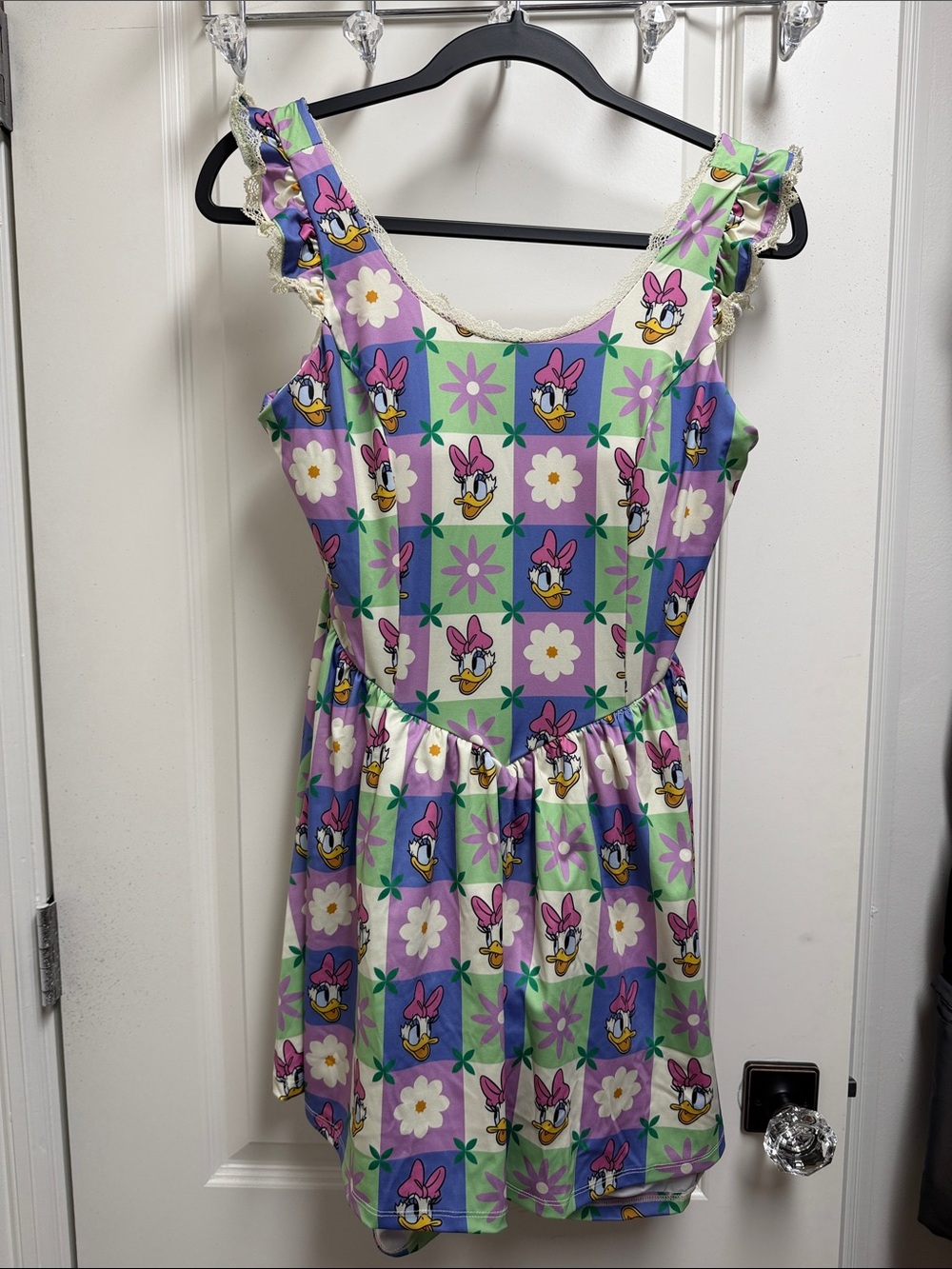 Women’s NWT Purple Daisy Duck & Character Print Ruffle Strap Dress with Shorts